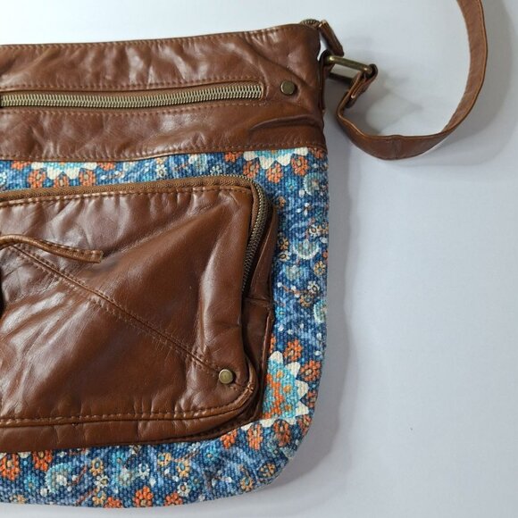 Crossbody Leather Cloth Purse Handbag Floral Zipper Pockets Adjustable Strap - Picture 3 of 12